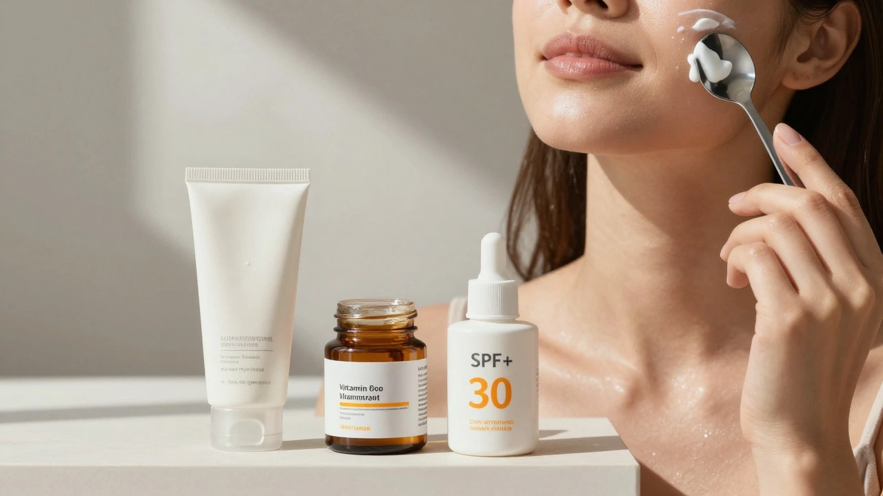 Žena aplikuje sluneční krém na obličej s lžičkou, vedle ní zahozený alkoholový čistič.