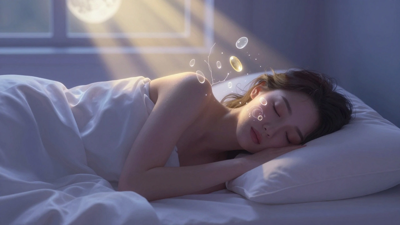 Žena spí na zádech pod saténovým polštářem s jemnými částicemi kolagenu a vitamínu C.