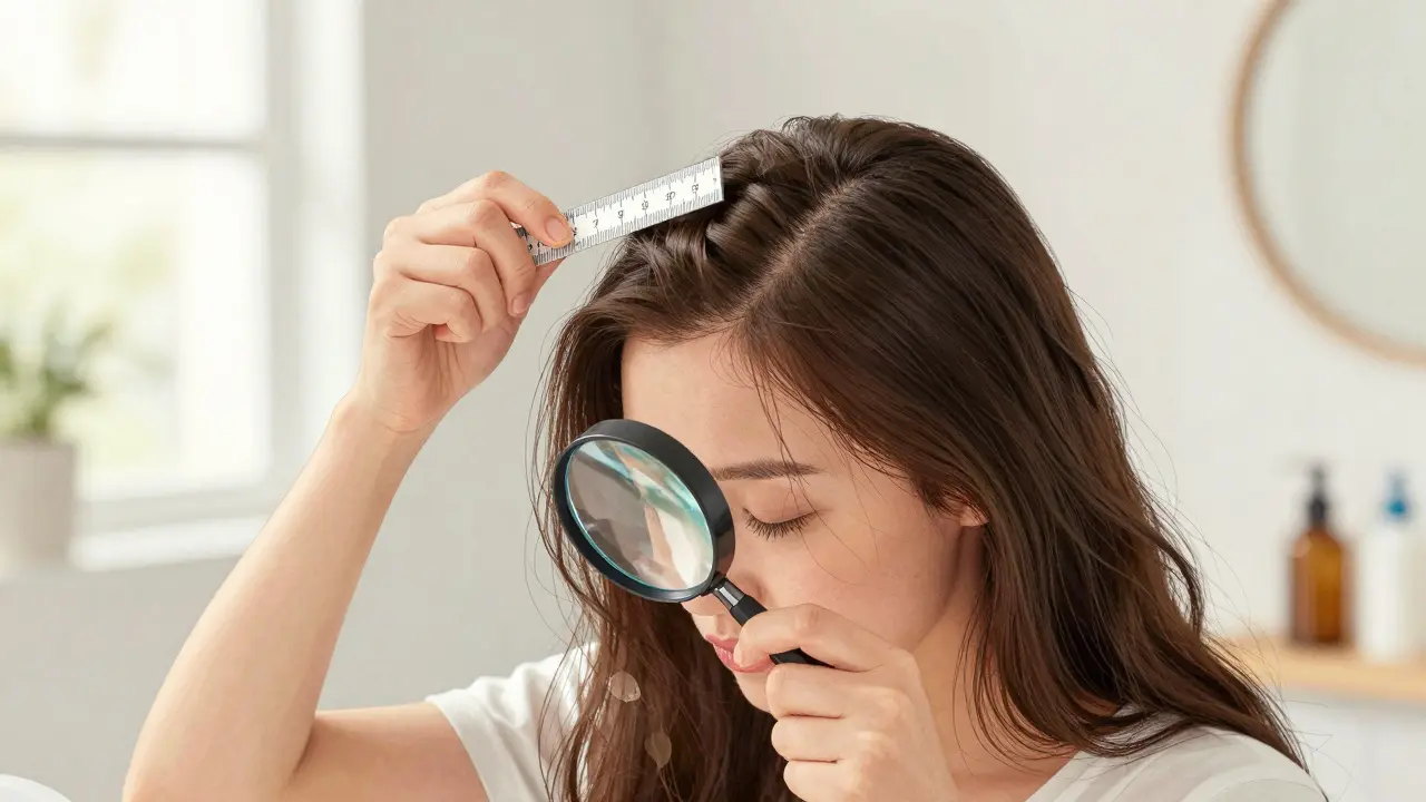Žena zkoumá svou kůži hlavy doma pomocí lupy a pravítka při přirozeném světle.