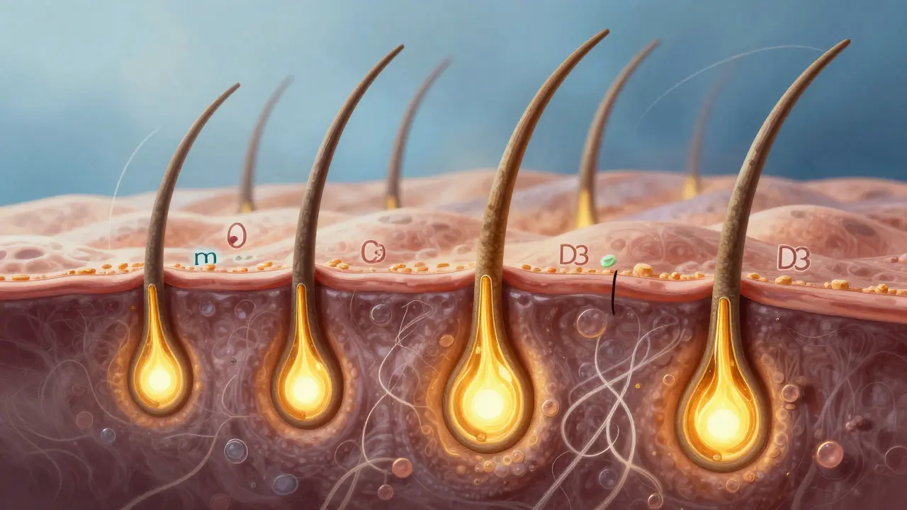 Zvětšený pohled na vlasový folikul s proudy živin podporujících růst vlasů.