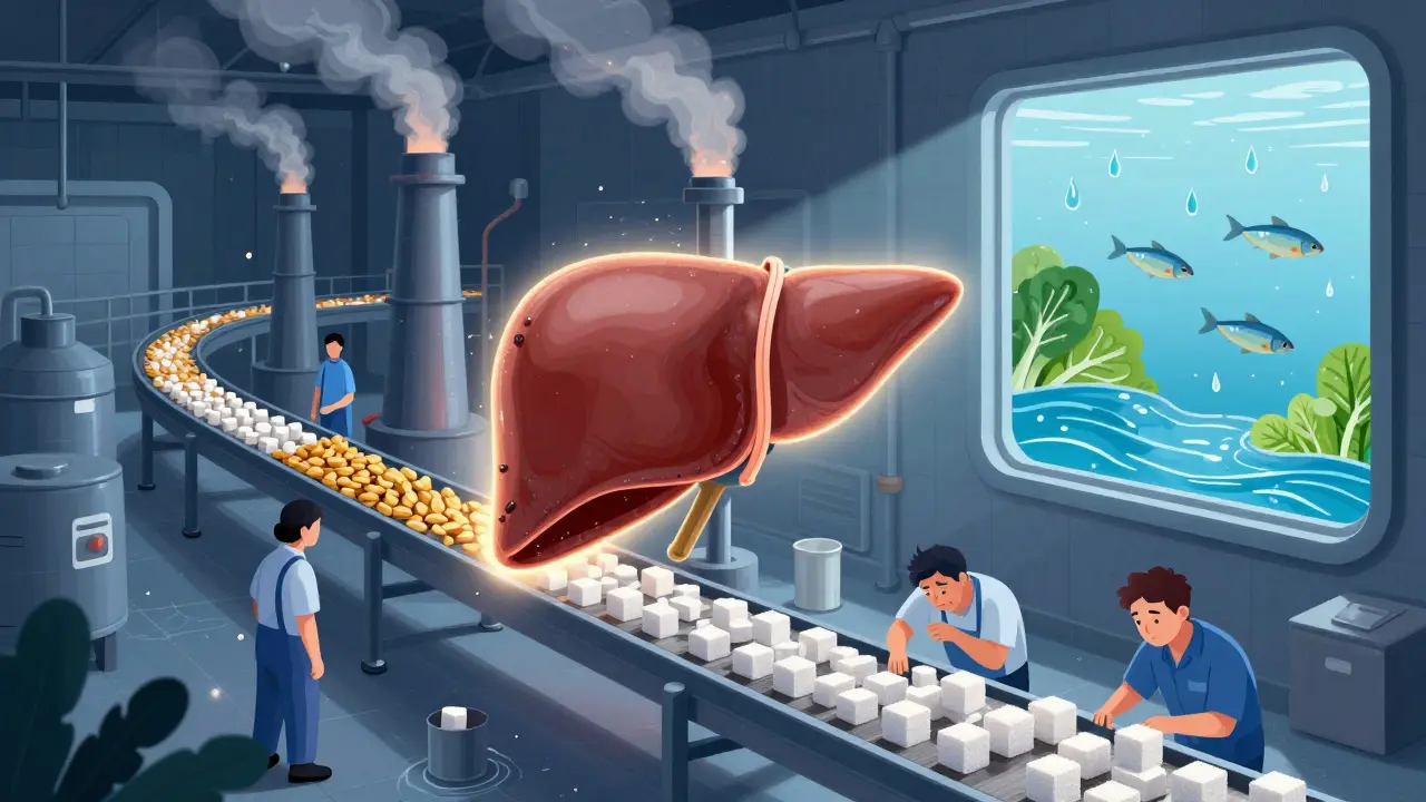 Abstraktní ilustrace játra jako přetížené továrny s toxiny a cukrem, zatímco z venku vstupuje čistá voda a zelenina.