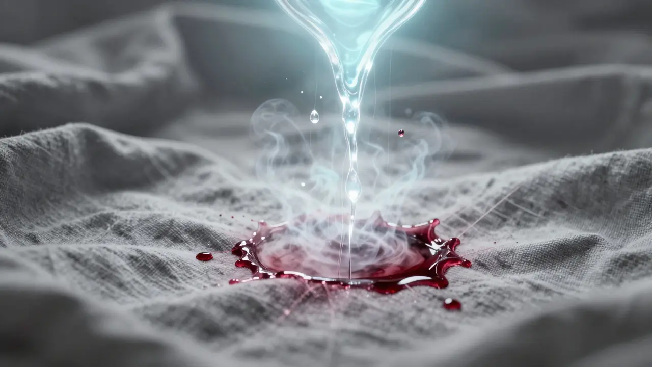 Abstraktní znázornění rozkladu skvrny od alkoholu v textilii vodou a čisticími látkami.