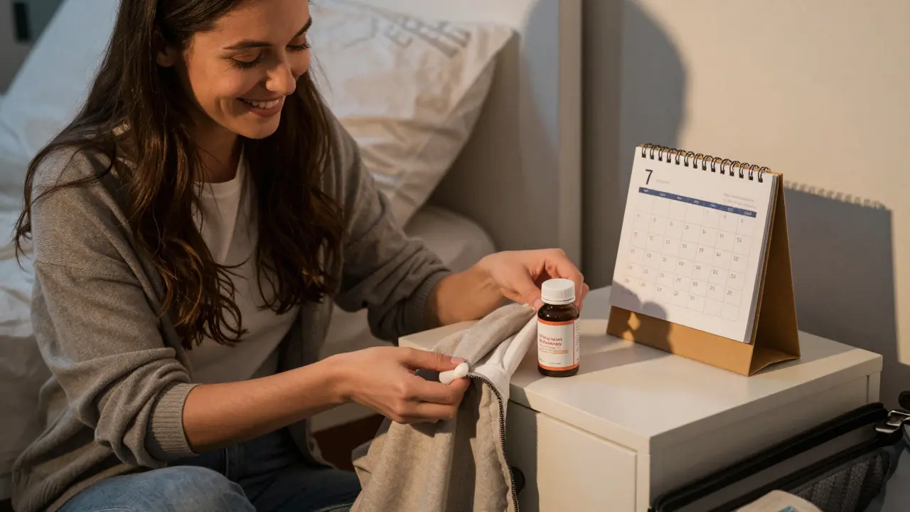 Cestující po návratu domů s probiotikem na nočním stolku a kalendářem pro pokračování užívání.