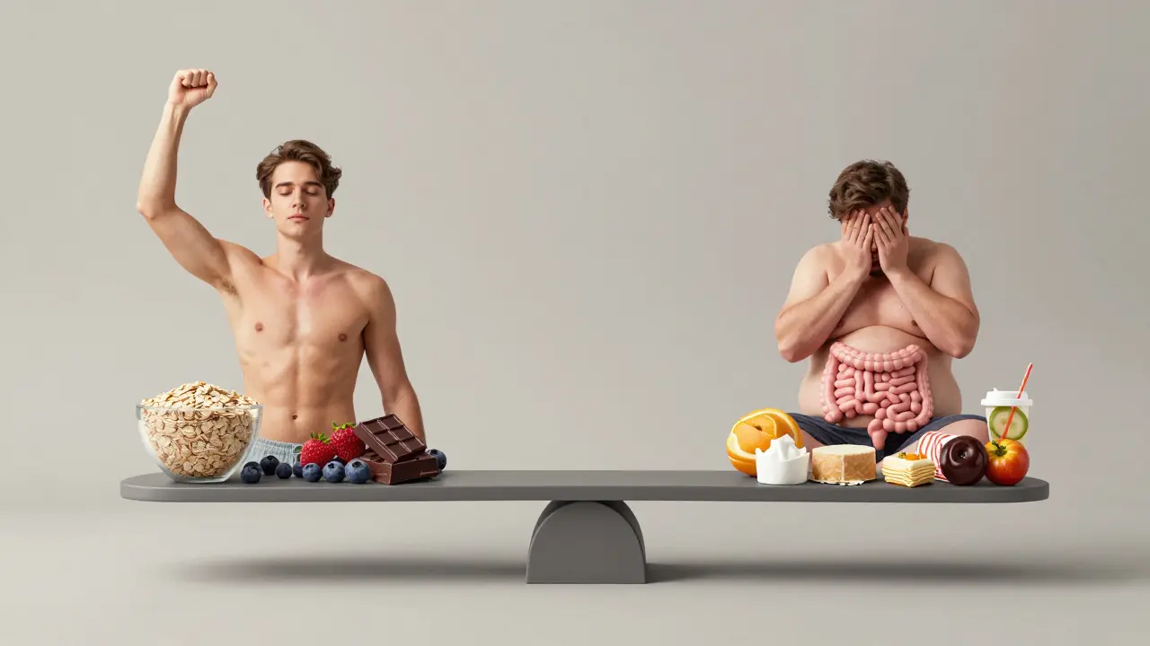 Dvě postavy: jedna zdravá a energická s celozrnnými potravinami, druhá unavená s cukrem, symbolizující vliv prebiotik na zdraví.