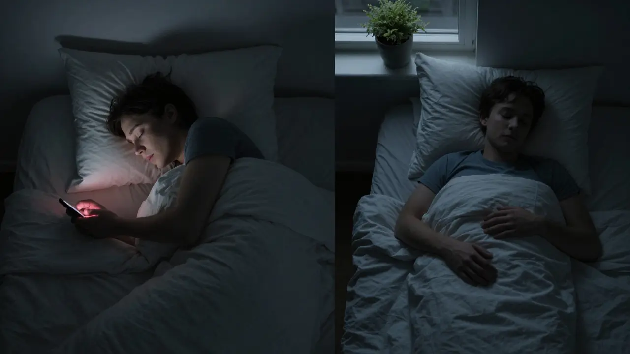 Dvě scény: osoba se v noci nemůže uspat a poté klidně spí v temnotě.