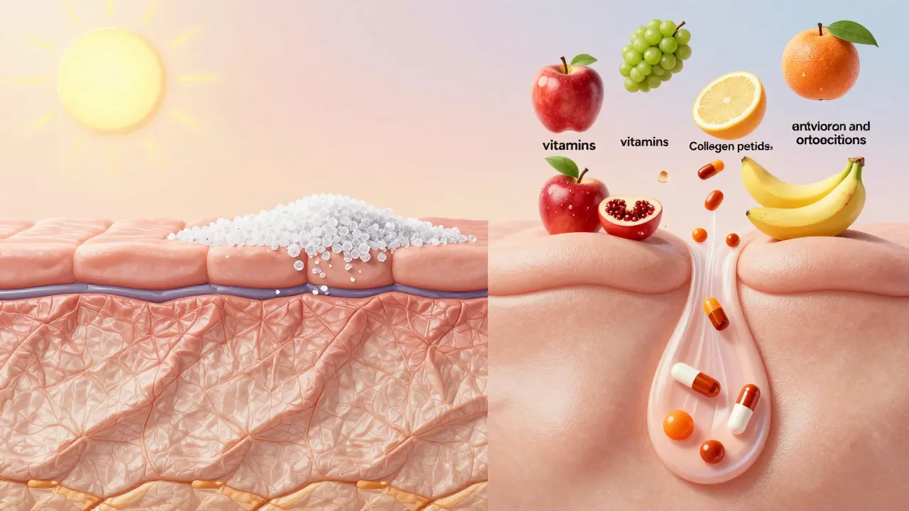 Dvoučástní obrázek poškozené a obnovované pokožky s výživovými prvky