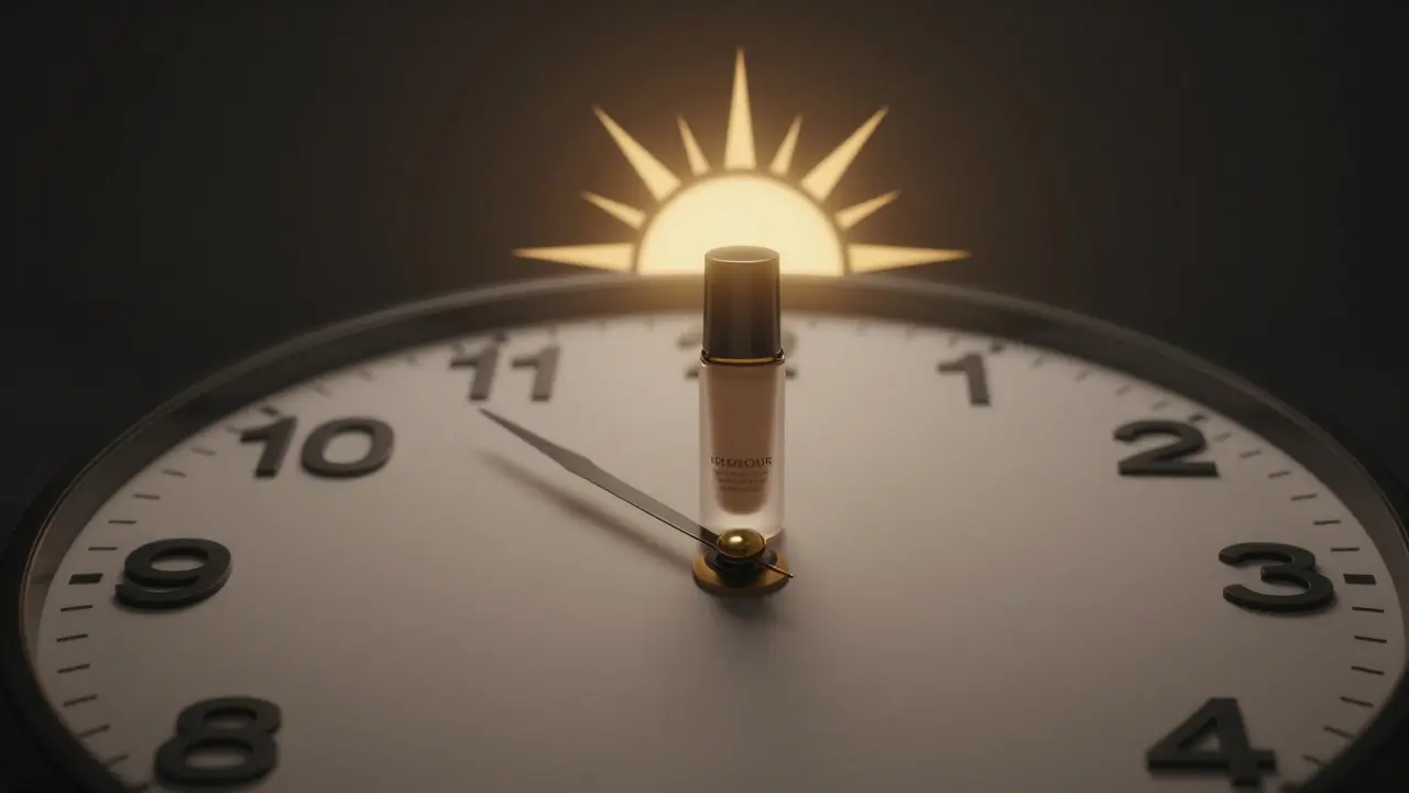 Hodiny s kosmetickými produkty jako ručičkami, primer je centrální prvek symbolizující trvanlivost make-upu.