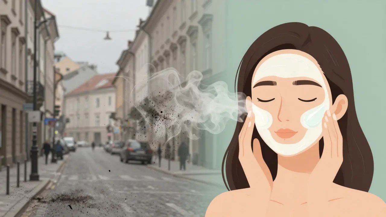 Kontrast mezi znečištěným městem a čistou, zářivou pokožkou po noční péči.