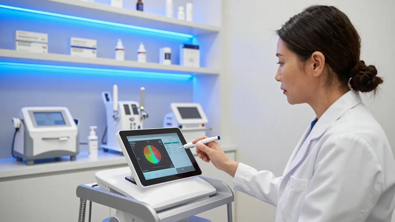 Kosmetička ukazuje klientce digitální analýzu pokožky na tabletu v klinice.