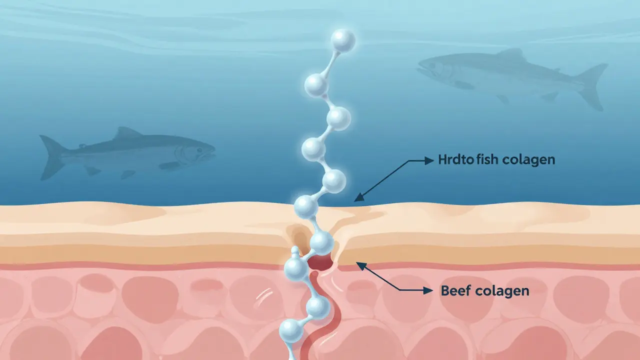 Molekuly rybího kolagenu pronikající do kůže, s porovnáním vstřebávání s hovězím kolagenem.