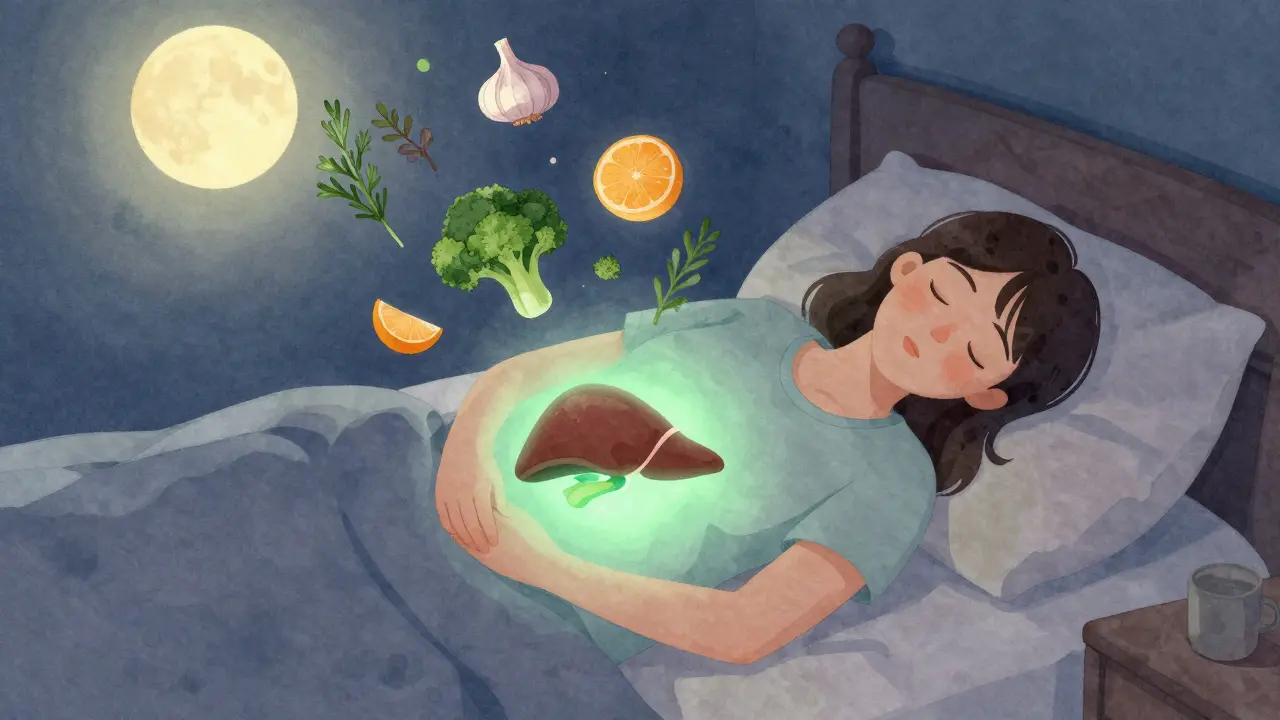 Osoba spící před 23:00 s jemným zeleným zářením v oblasti jater a přírodními bylinami kolem.