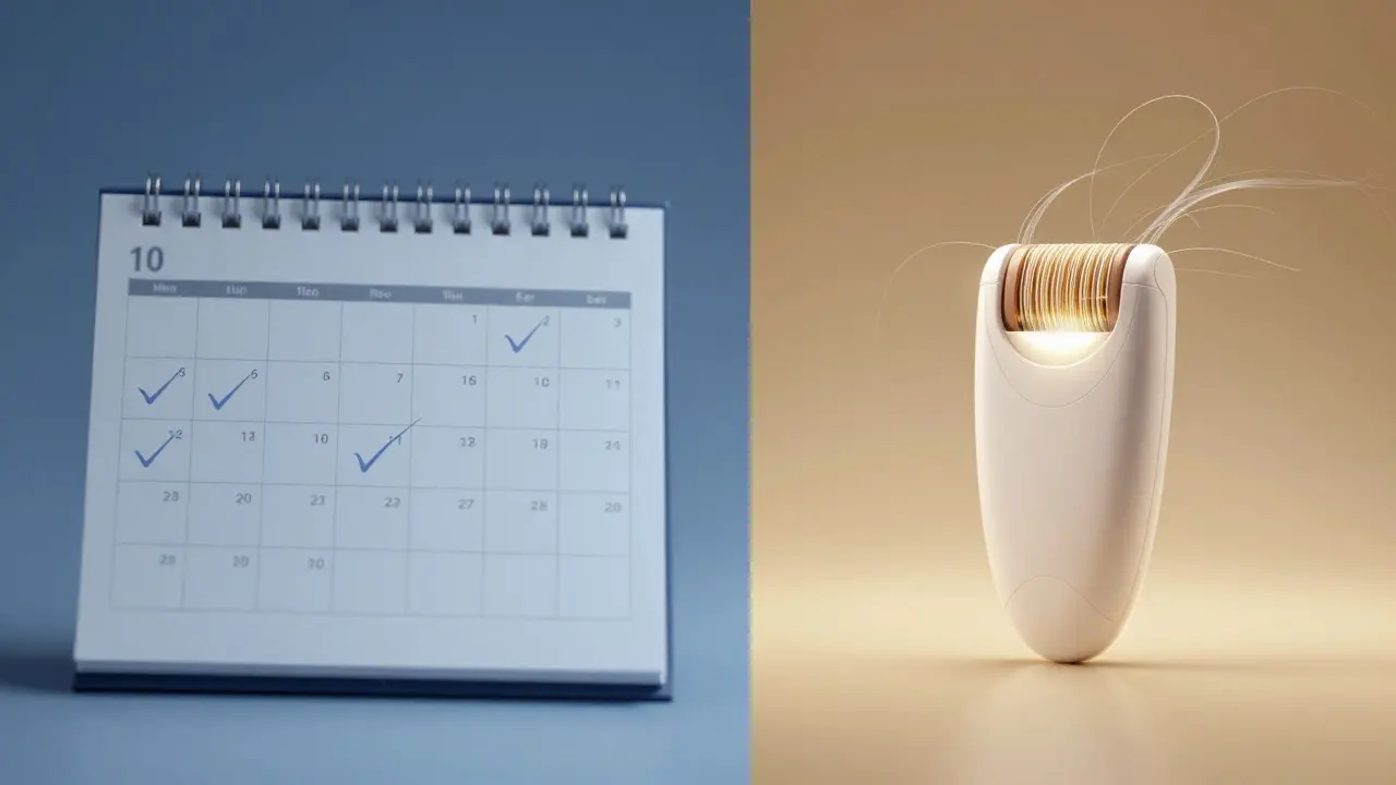 Porovnání častého holení a řidší epilace – kalendář s označenými dny a epilátorem.