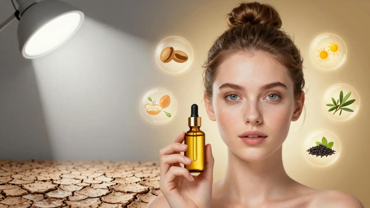 Porovnání suché a zdravé pleti: jedna strana s odšupináváním, druhá s leskem zdraví.