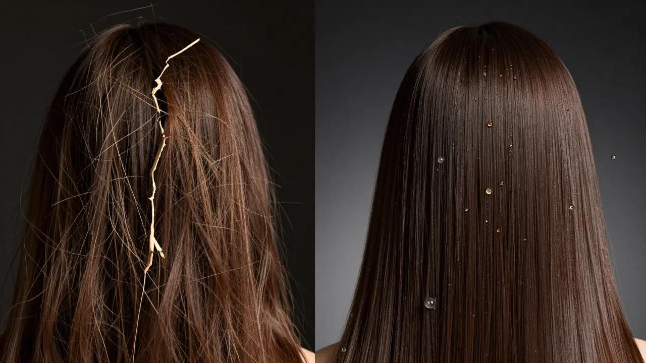 Porovnání suchých a zdravých vlasů s olejovými kapkami mezi nimi.