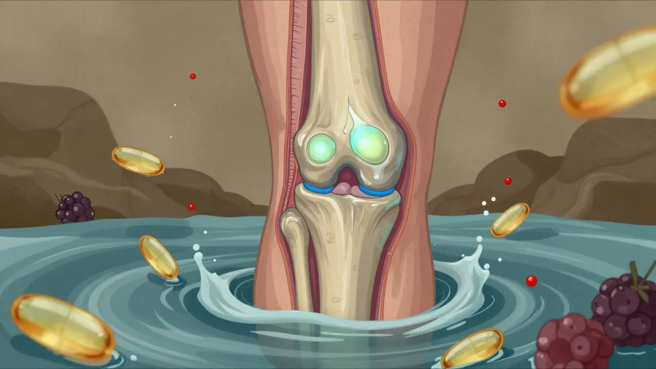 Příčný řez kolenního kloubu s čistou chrupavkou a protizánětlivými látkami ve formě proudů