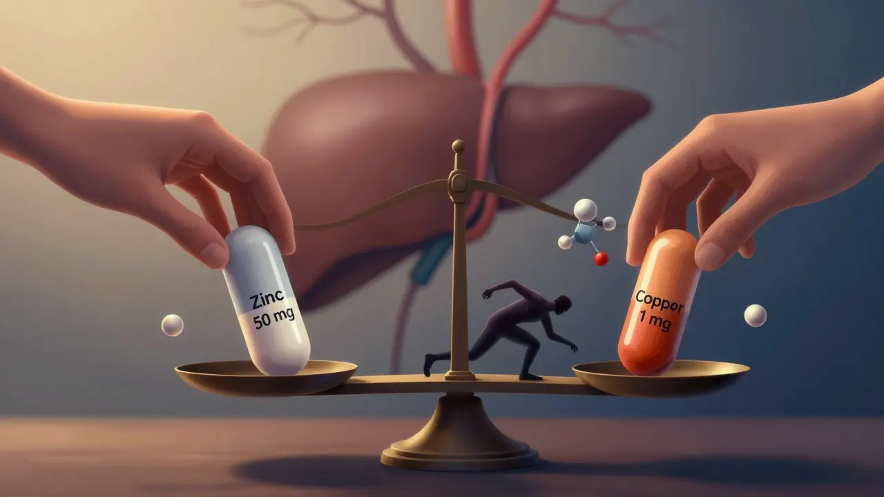 Ruce držící na váze zinek a měď, s stínem nedostatku mědi.