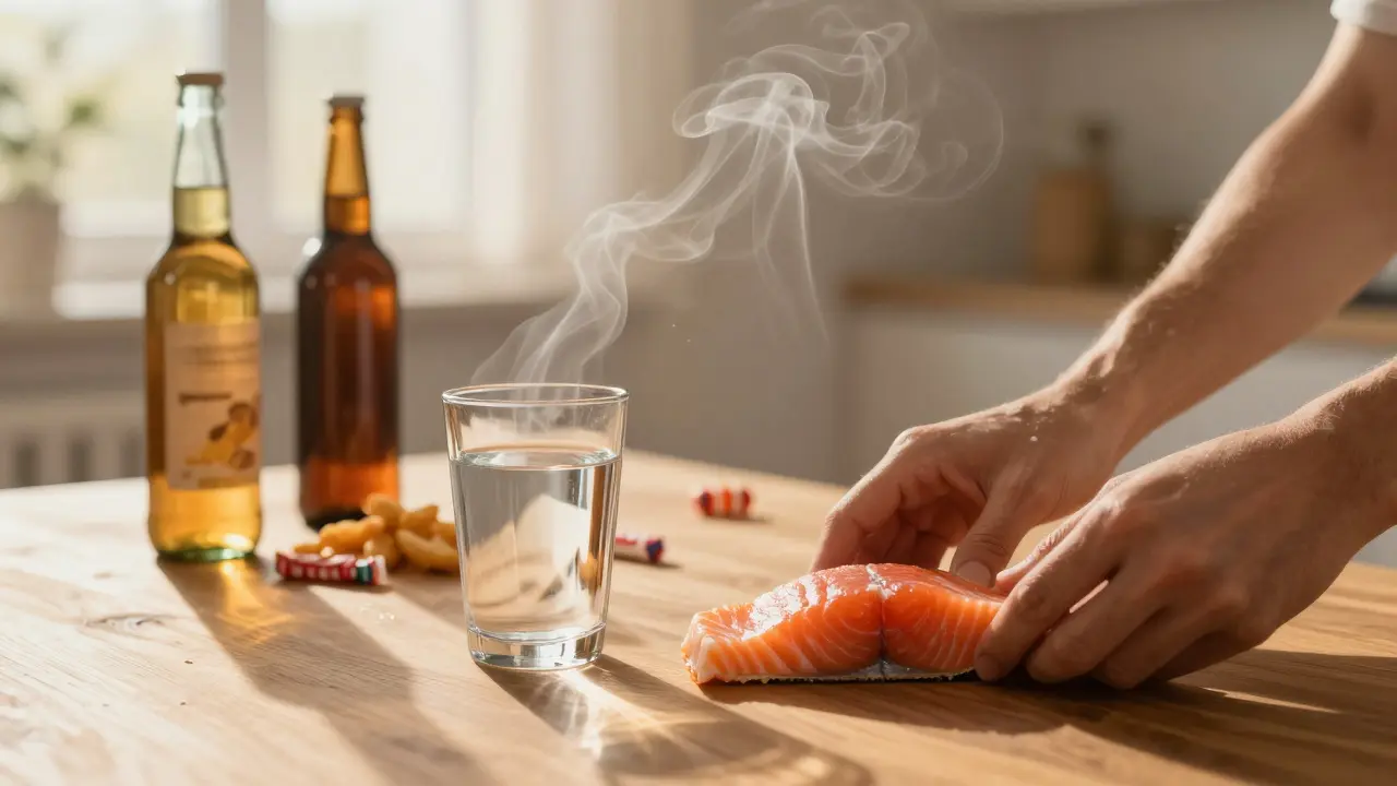 Ruce klidně kladou lososa a vodu na stůl, zatímco stíny nezdravých potravin se rozplynou v kouři.