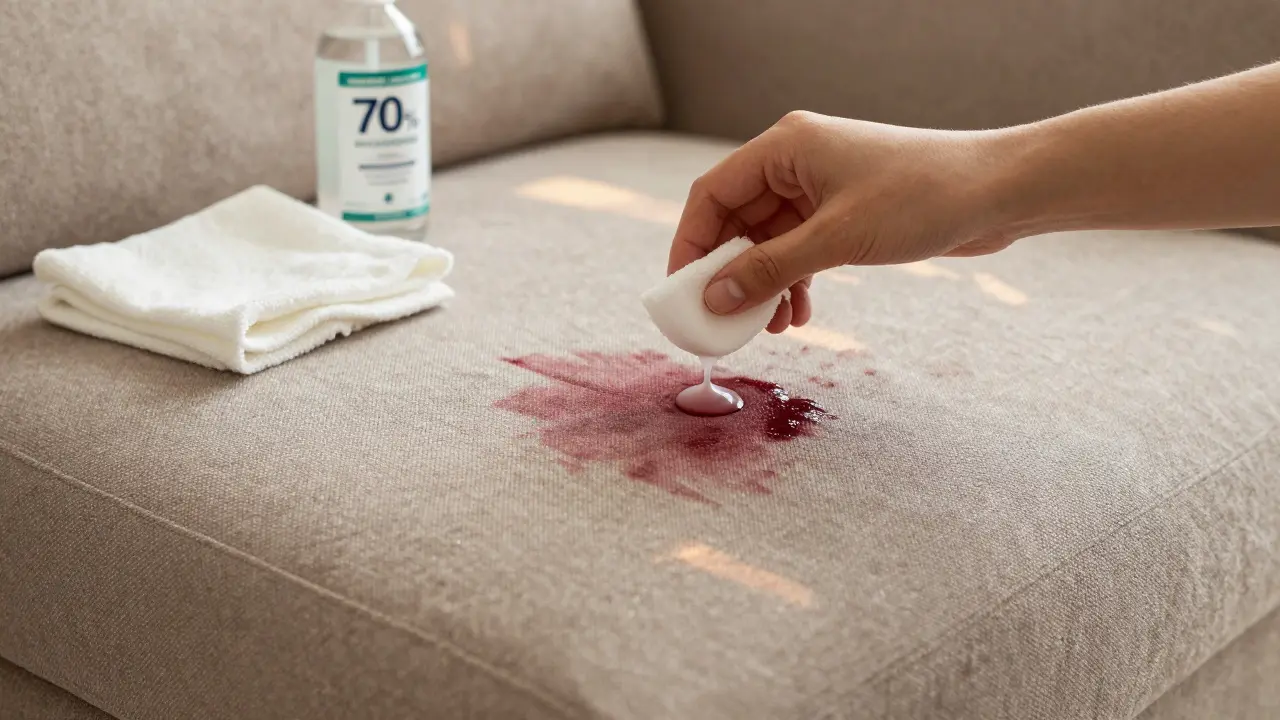 Ruka aplikuje mydlo na skvrnu na gauči, kolem čisté hadříky a alkohol.