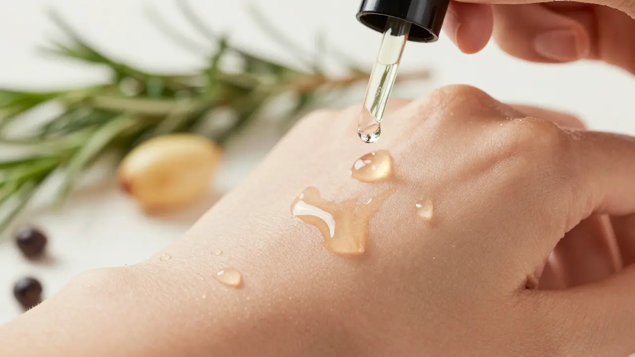 Ruka aplikuje olej na vlhkou pleť po sprše, vodní kapky jsou zadrženy olejem.