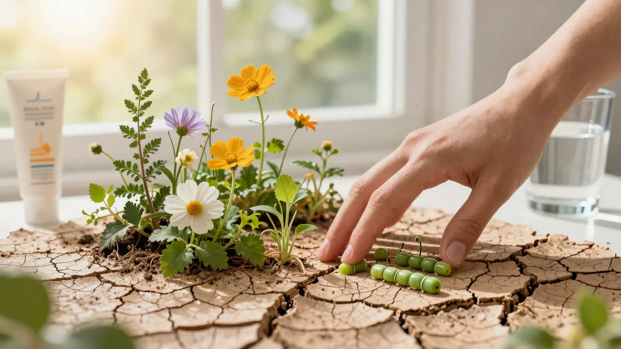 Ruka dotýkající se kůže, která se mění v květoucí zahradu symbolizující zdraví.
