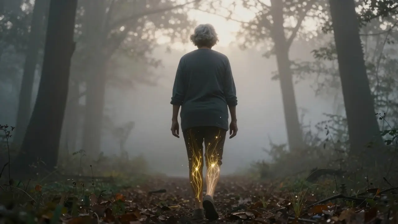 Starší osoba kráčí v lese na ranním světle, kolem kolenních kloubů plují zlaté vlákna a kapky vody