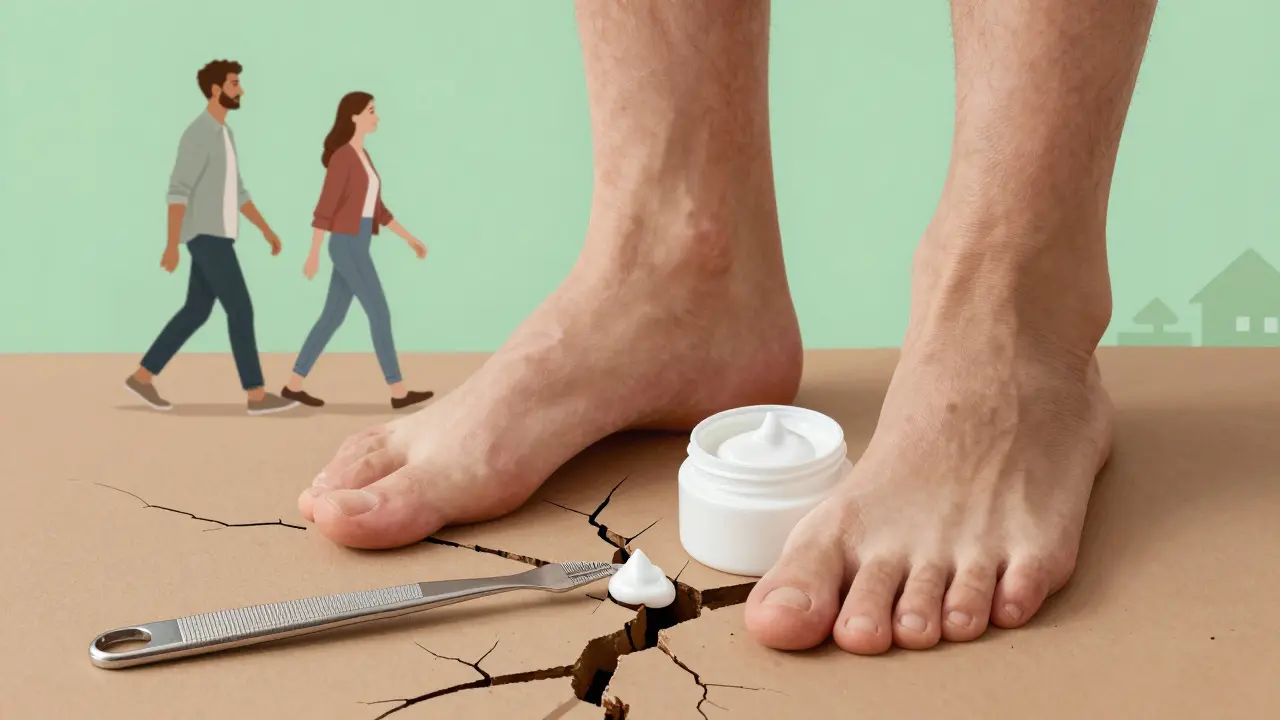 Symbolický obraz nohy jako podpěry domu, kterou obnovují péče a krém.