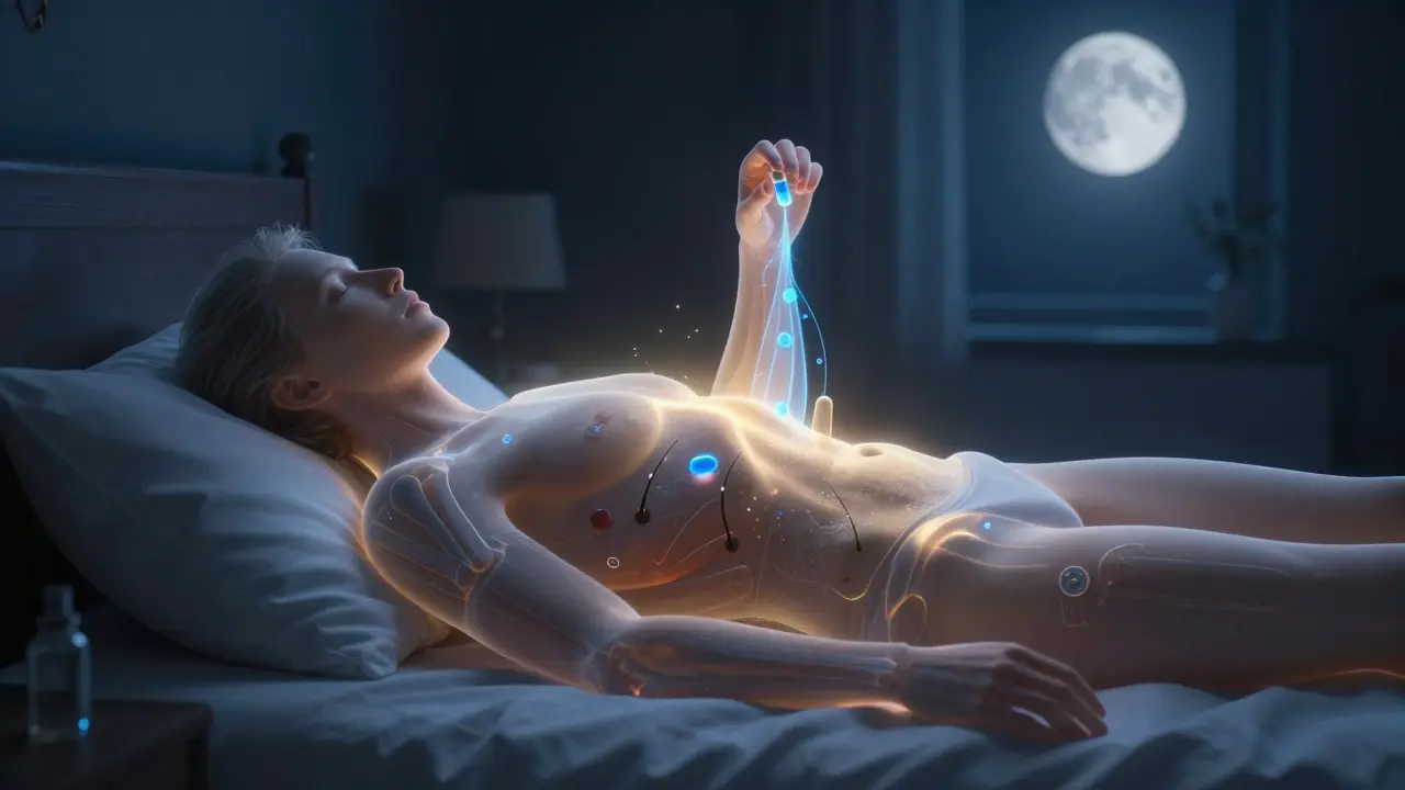 Tělo v nočním režimu regenerace s proudy kolagenu vedenými k pokožce a kloubům.