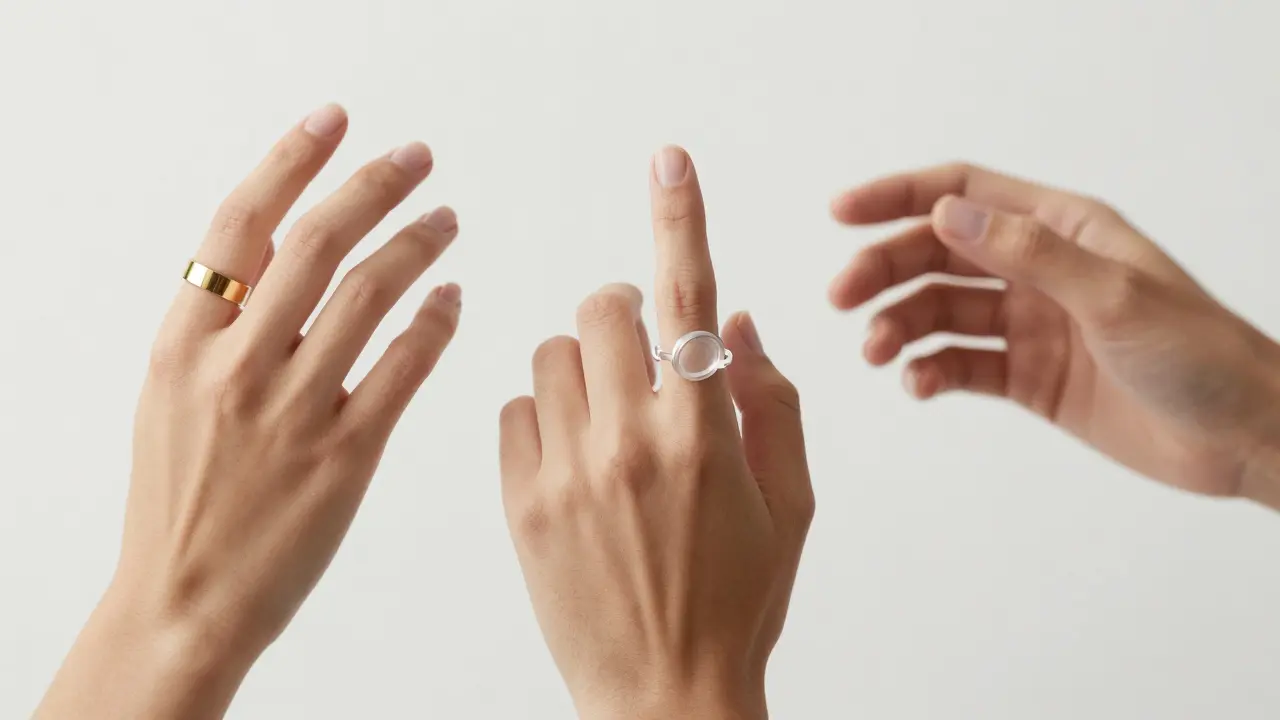 Tři ruce s různými typy kroužků na nehtech: kovový, průhledný a pohyblivý.