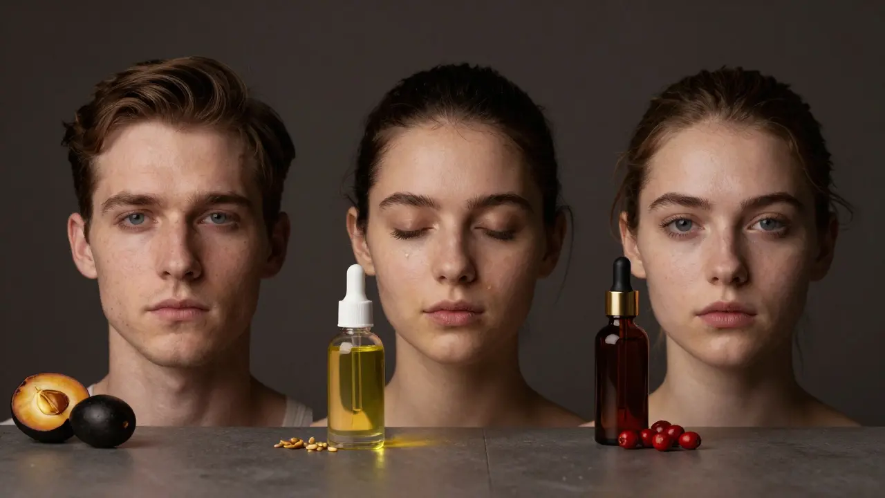 Tři typy pokožky s příslušnými rostlinnými oleji, všechny v nočním prostředí.