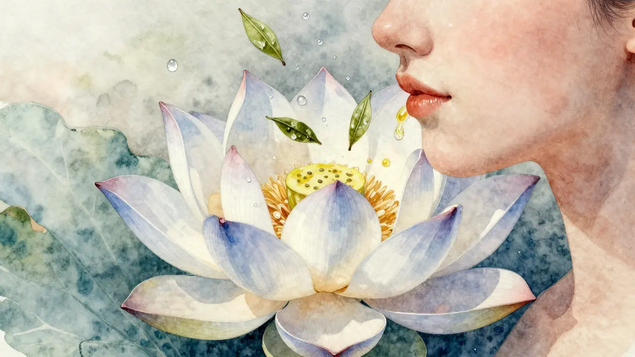 Tvář vykouzlená z květu lotosu, obklopená kapkami vody a zeleného čaje.