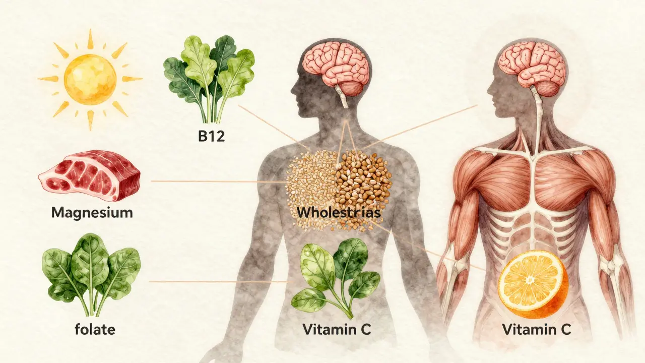Umělecká ilustrace těla s pěti klíčovými vitamíny a minerály spojenými s orgány.