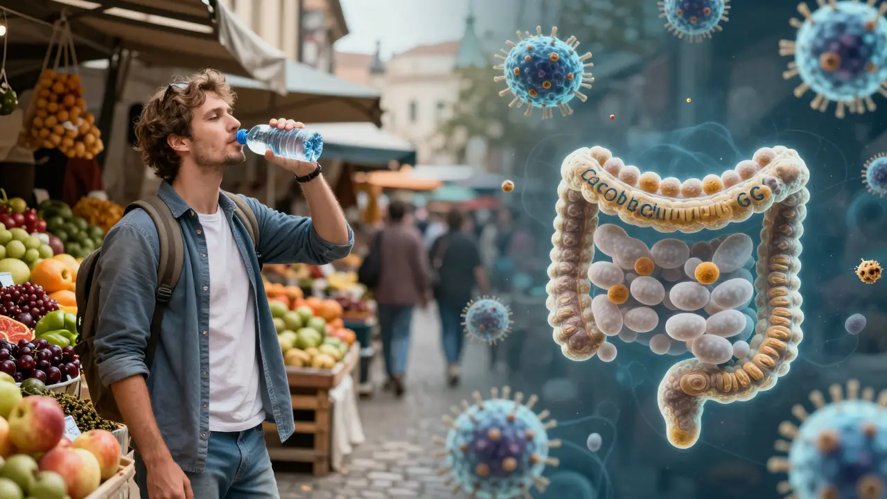 Vizualizace prospěšných bakterií v trávicím traktu chránících před škodlivými patogeny.