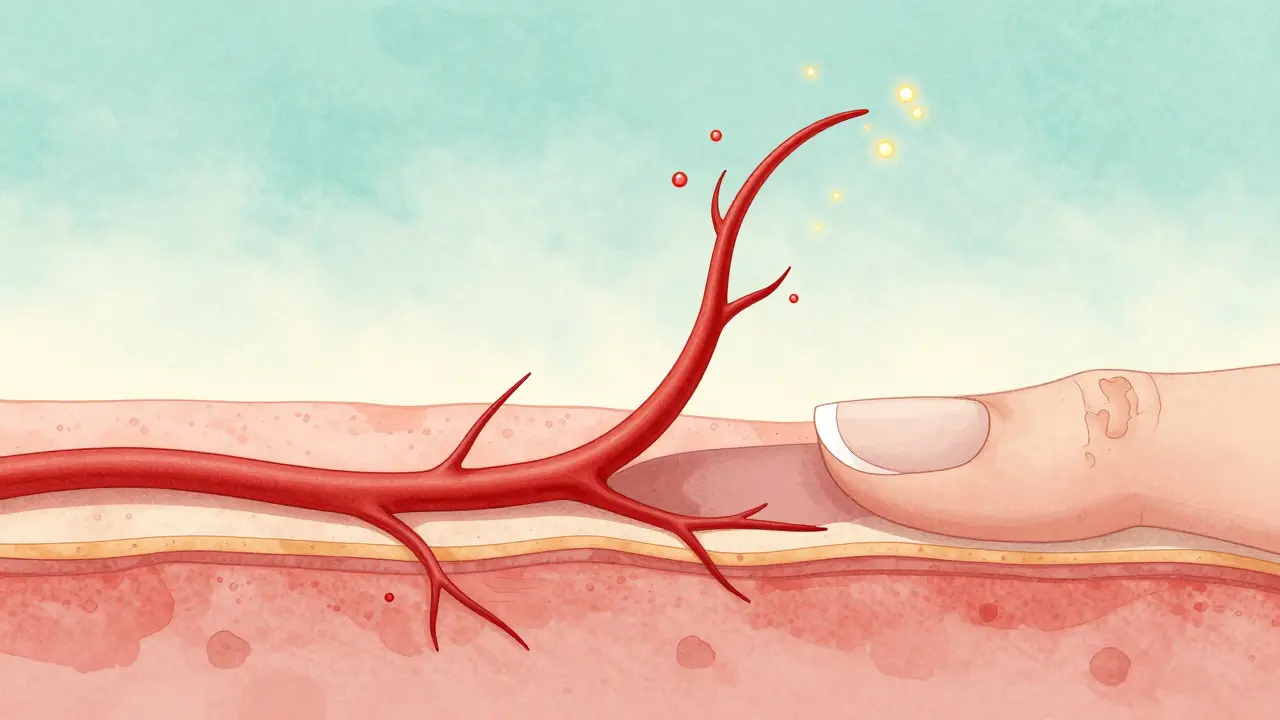 Vnitřní řez nehtové matice s krvními cévami dopravujícími živiny jako biotin, zinek a železo do rostoucího nehtu.