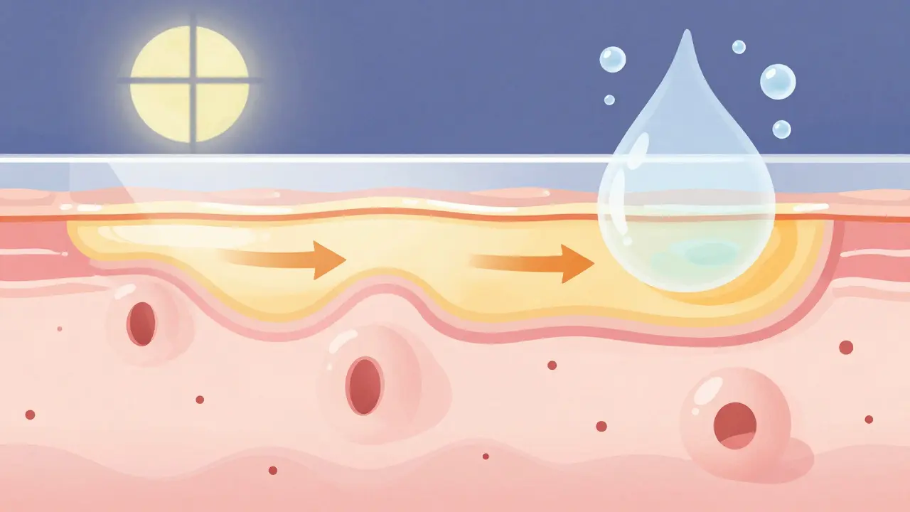 Vnitřní vrstva pokožky s olejem nanášeným před krémem a vstřebáváním vlhkosti.