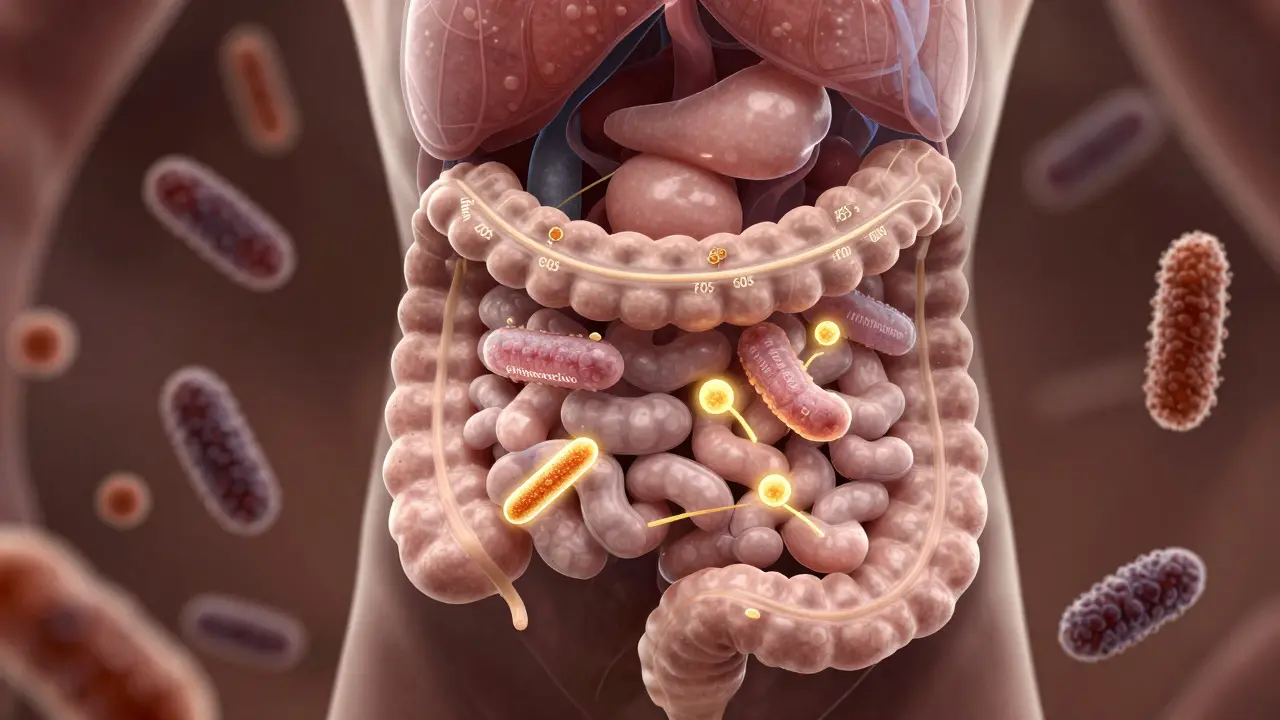 Vnitřní zobrazení střev s prebiotickými vlákninami živícími prospěšné bakterie a produkujícími butyrát.