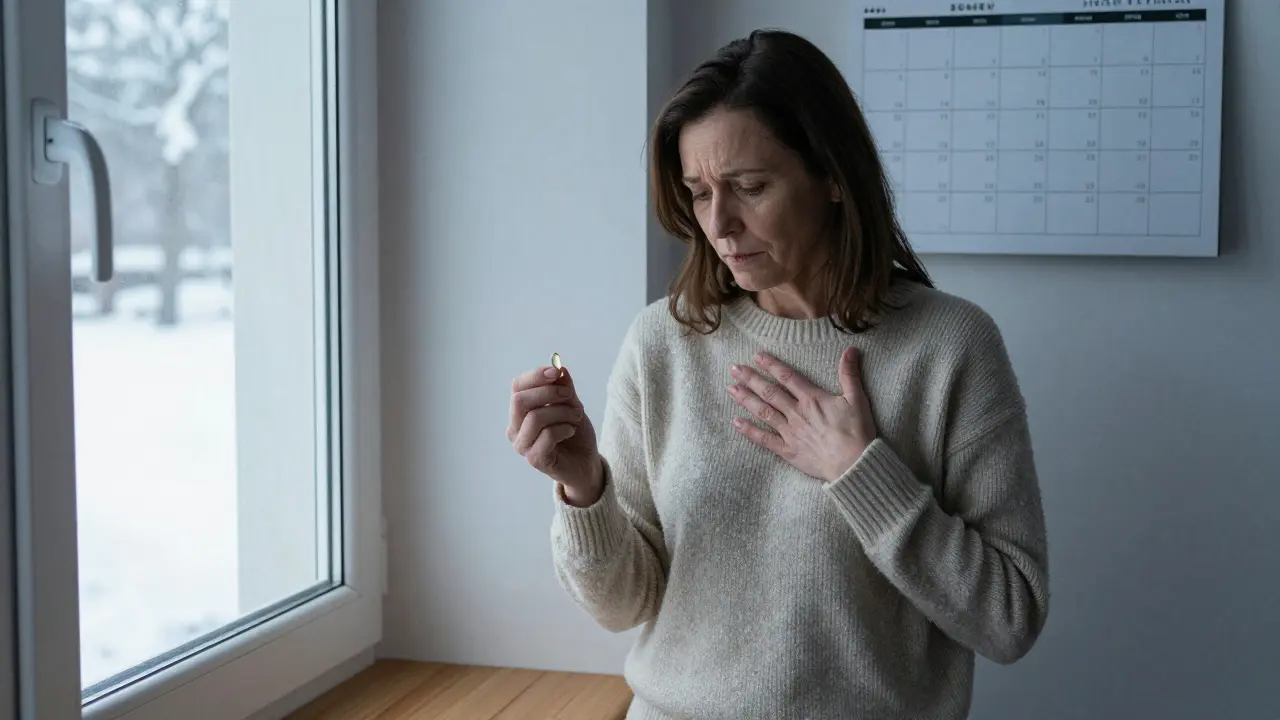 Žena drží multivitamín a ruku na srdci u okna s zimním světlem.