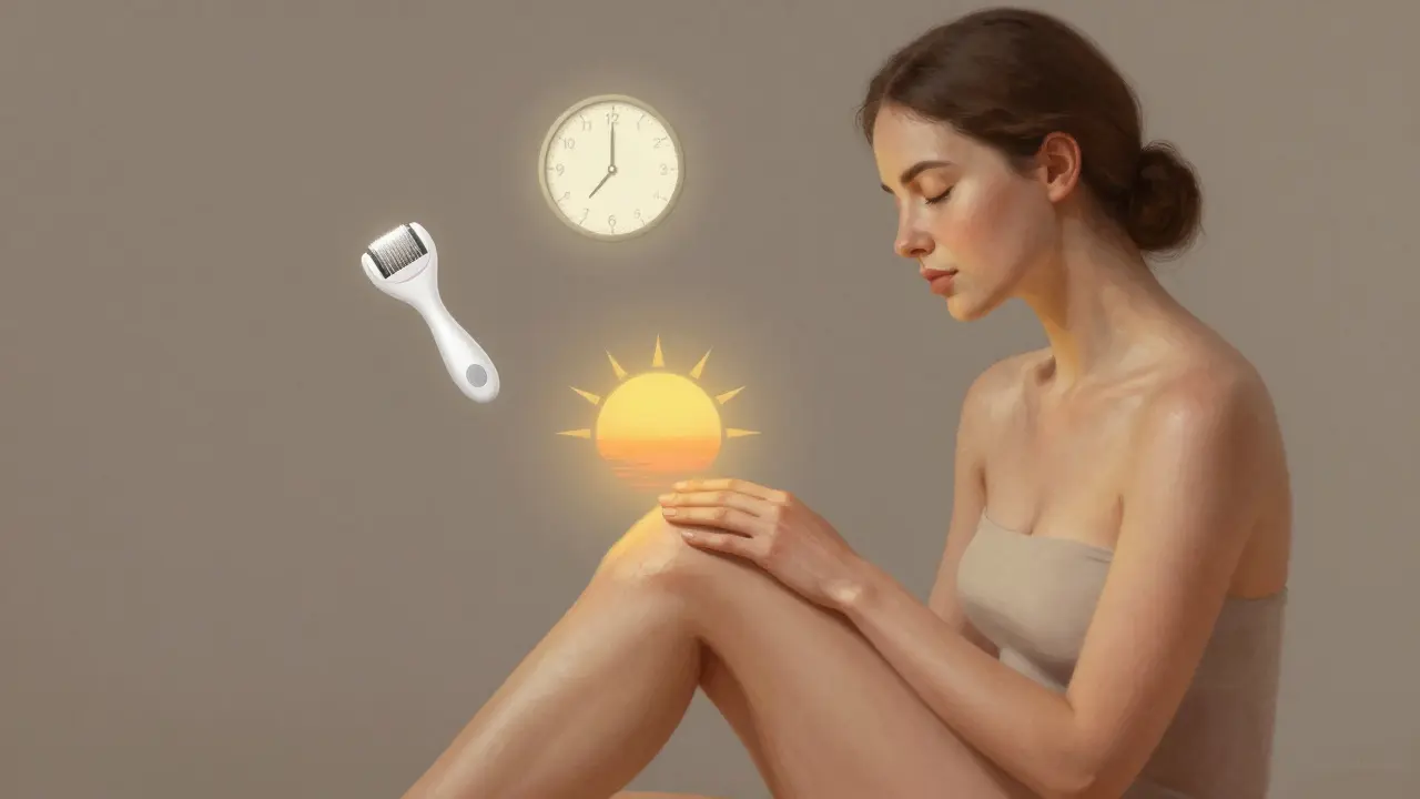 Žena medituje před epilací, kolem ní symboly přípravy: čistý přístroj, peeling, čas.