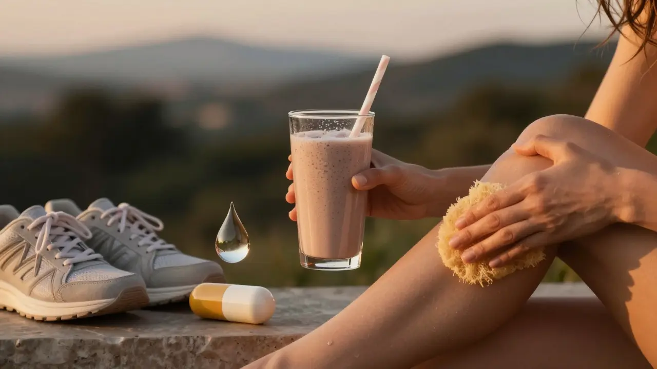 Žena pije kolagenový smoothie večer, kolem ní symboly hydratace, pohybu a probiotik.