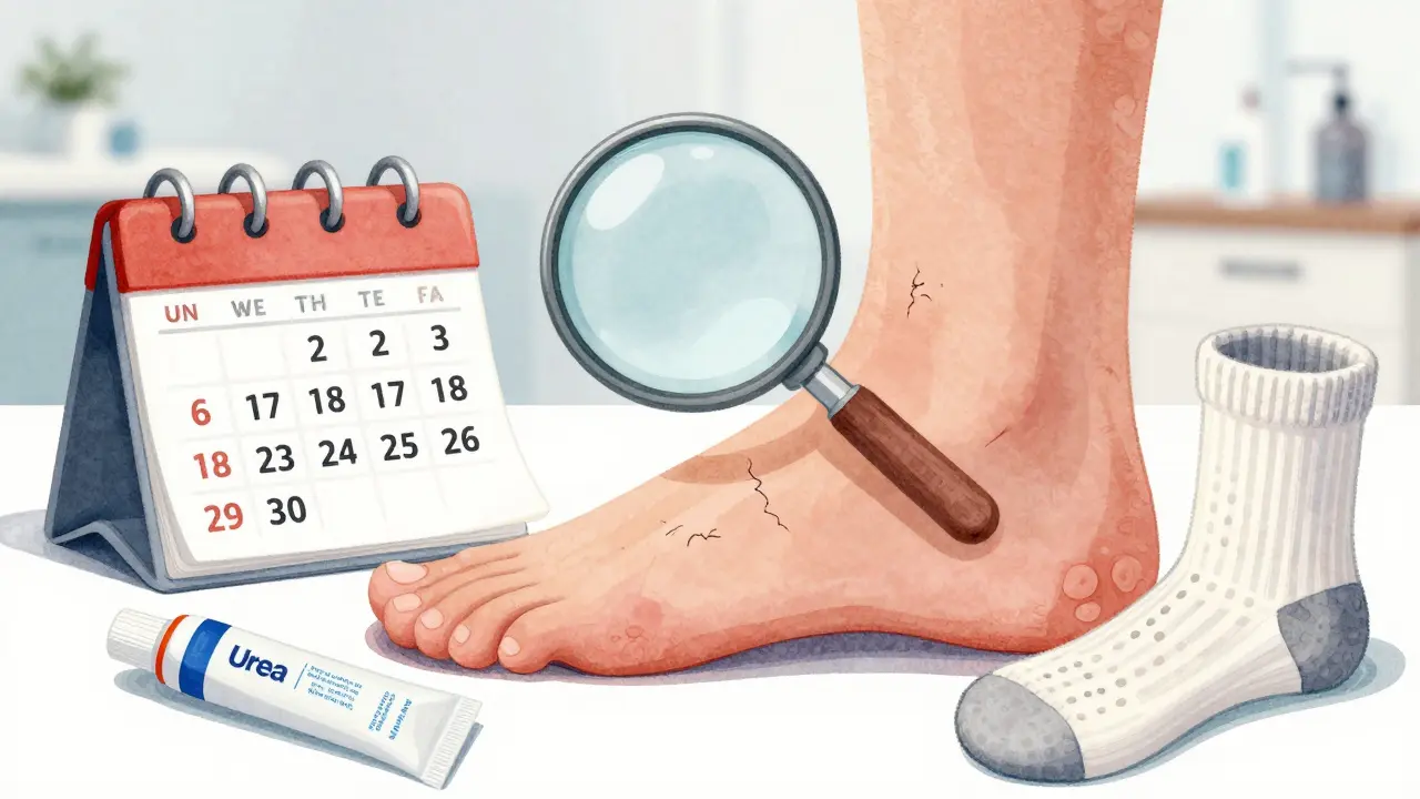 Zvětšený pohled na nohu diabetika s příznaky suché kůže a symboly pravidelné péče.