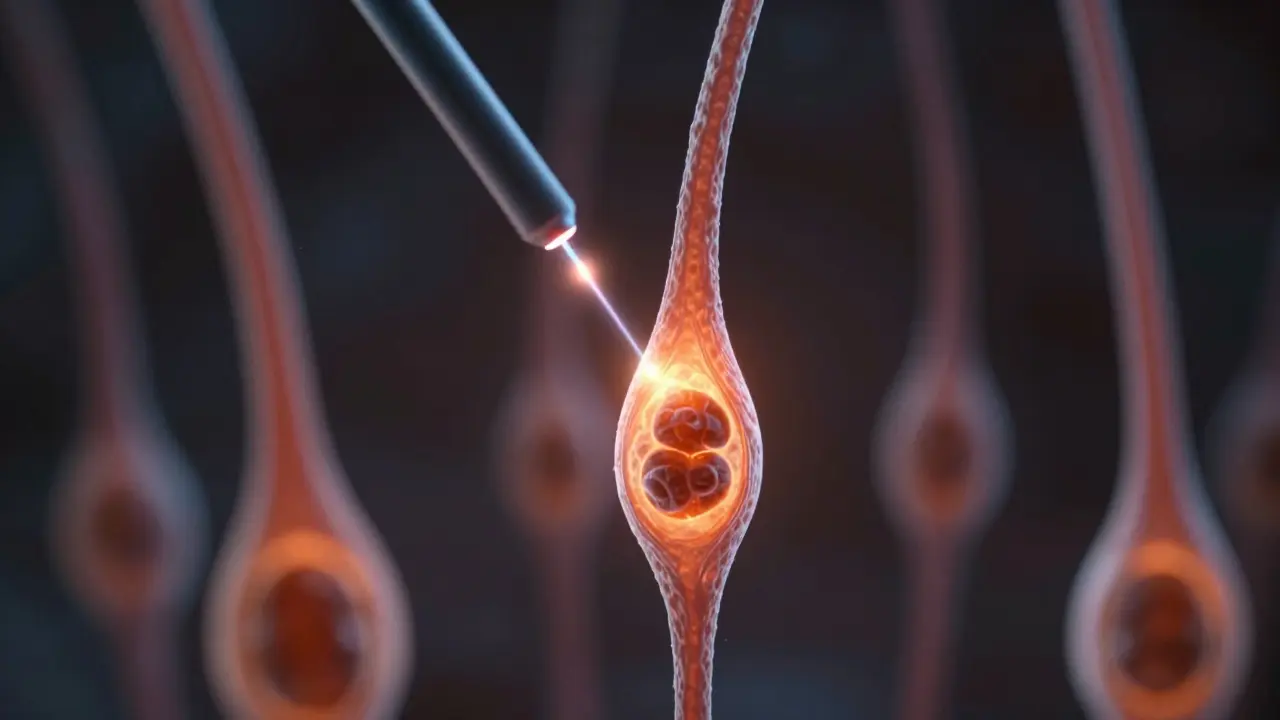 Zvětšený vlasový folikul pod vlivem laserového paprsku.