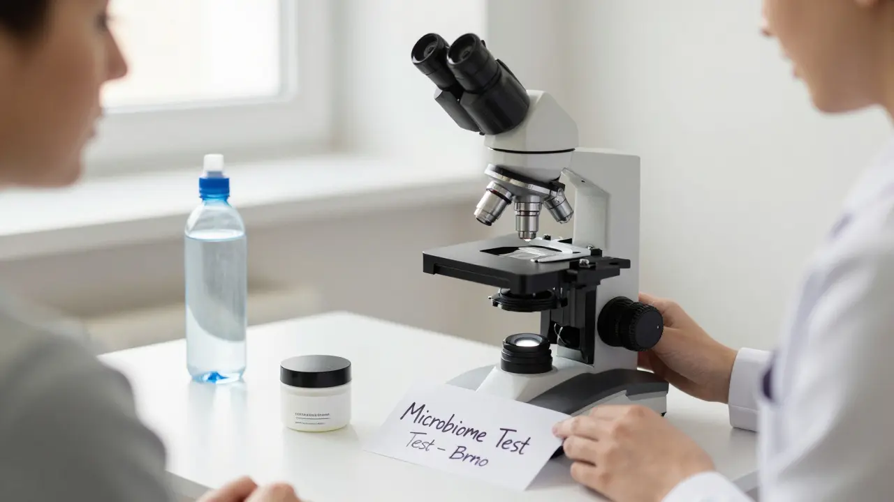 Dermatolog v klinice ukazuje na mikroskopický obraz vzorku pokožky s krémem a vodou na stole.