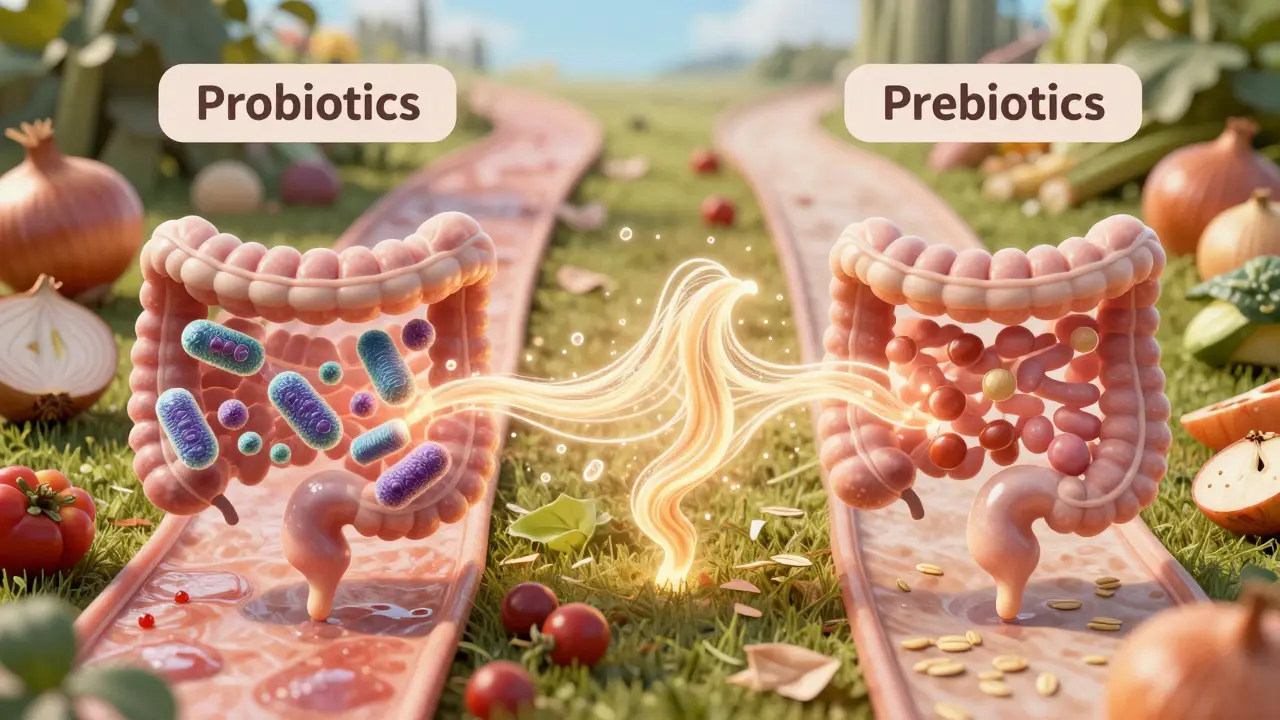 Dvě cesty vedoucí do harmonického střevního ekosystému, s potravinami jako česnek, oves a kvašené zelí.