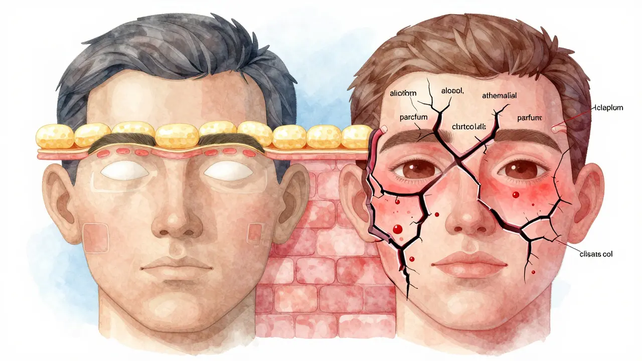 Dvě poloviny obličeje: jedna se zdravou bariérou pokožky, druhá poškozená chemikáliemi.