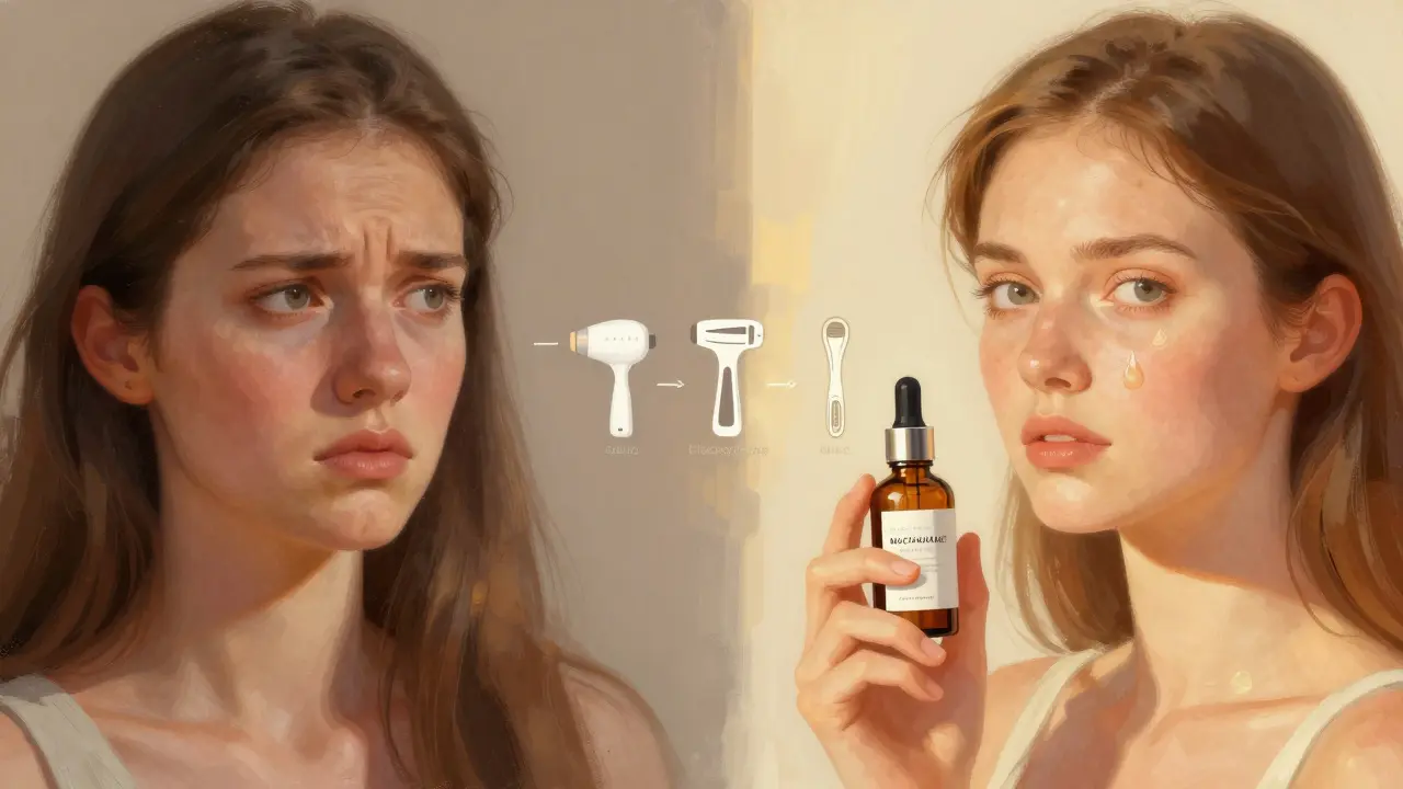 Dvě strany jedné tváře: jedna s chloupky, druhá hladká – symbolizující cestu k sebevědomí.