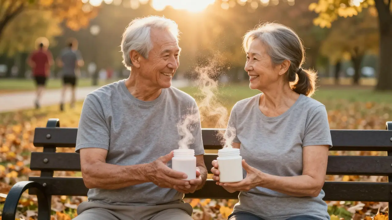 Dvojice na lavičce v západu slunce s doplňkem kolagenu.