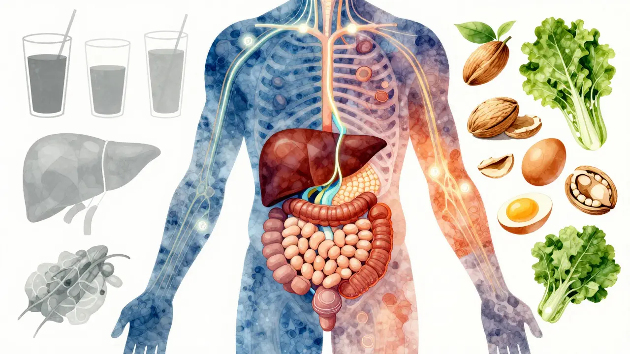 Glowing pathways vitamínů B a magnézia v těle, kontrastující se zpracovanými potravinami a zdravými potravinami.