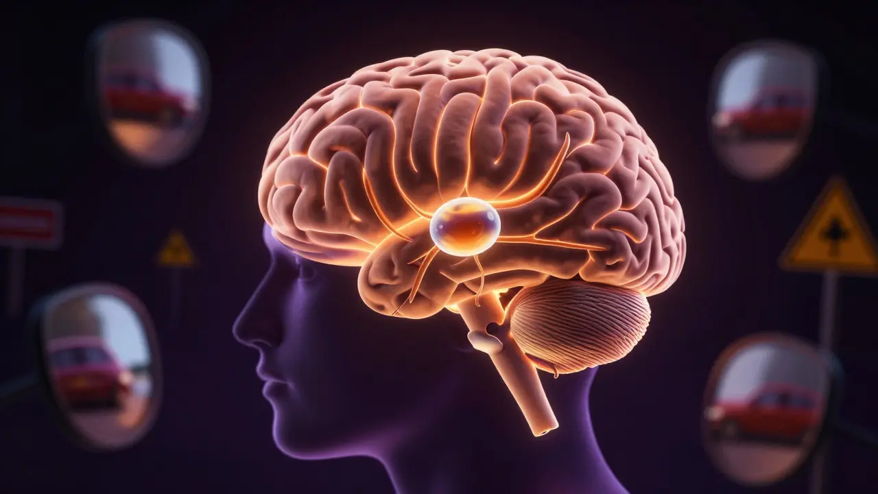 Human brain with slowed neural signals affected by alcohol, surrounded by distorted road and car imagery.