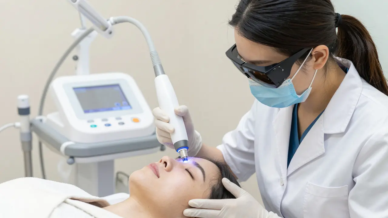 Laserová depilace obličeje v klinice s ochrannými brýlemi