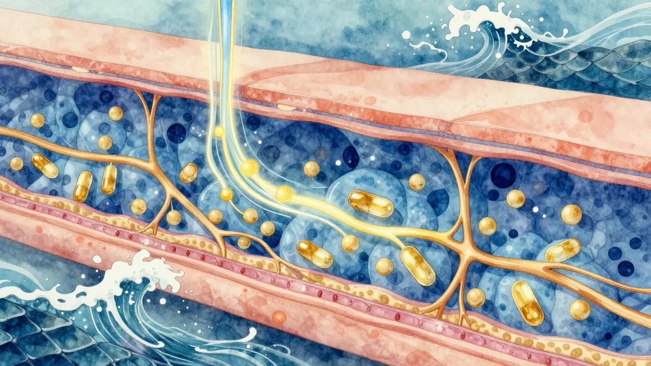 Mikroskopické částice mořského kolagenu vstřebávané do kůže a kloubů.