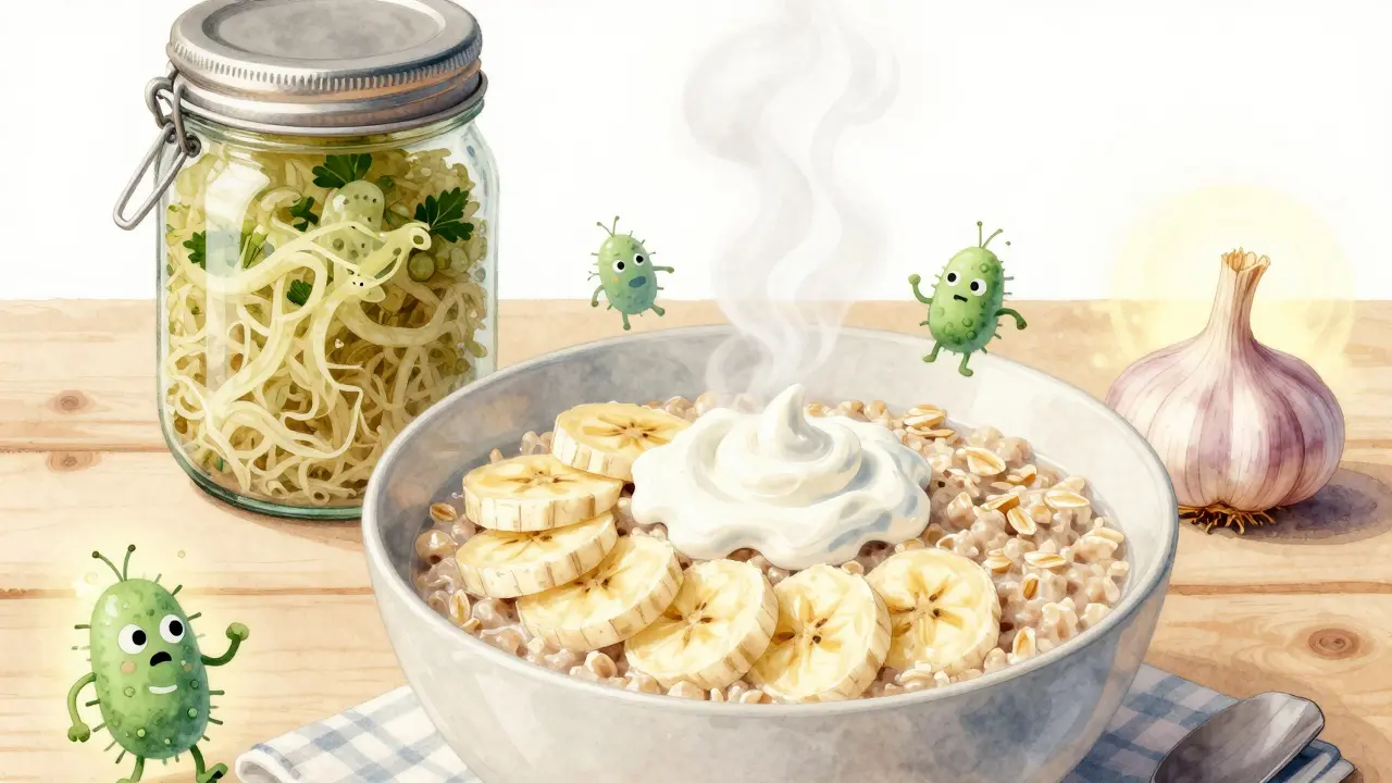 Mísa ovesné kaše s banánem a kefírem, s drobnými bakteriemi nad jídlem a kvašenými potravinami na pozadí.